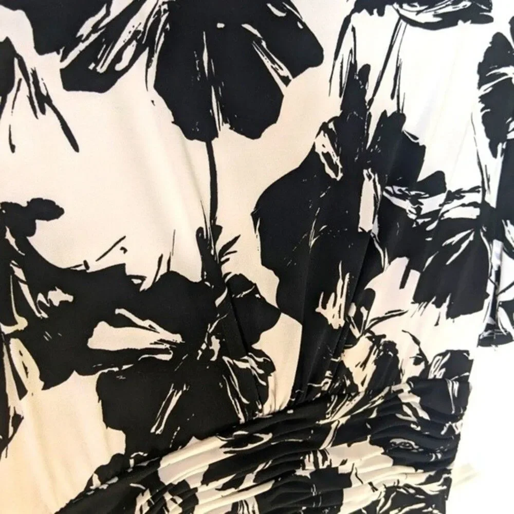 Evan Picone dress white with black flowers v-neck ruched waist - 10
